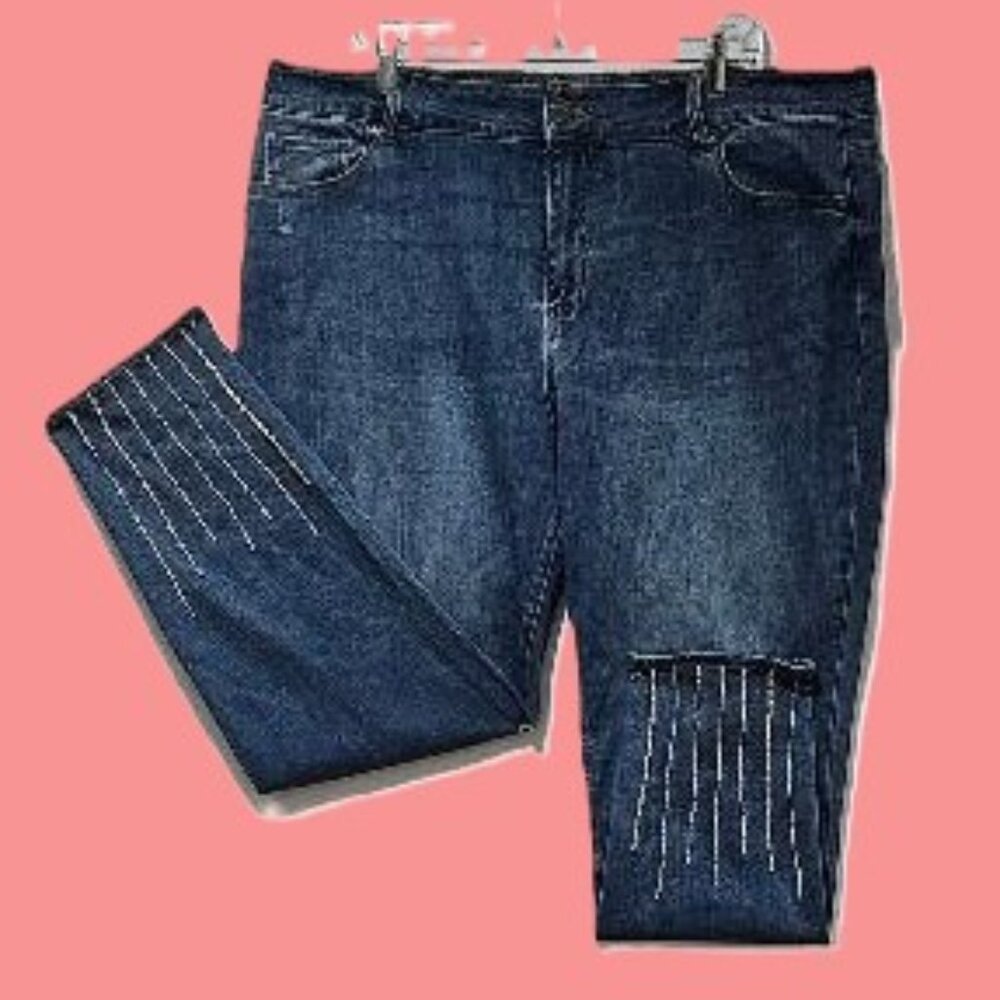 AVENUE DENIM RHINESTONE ANKLE DARK JEANS  18A DOLLY STYLE BRIDAL